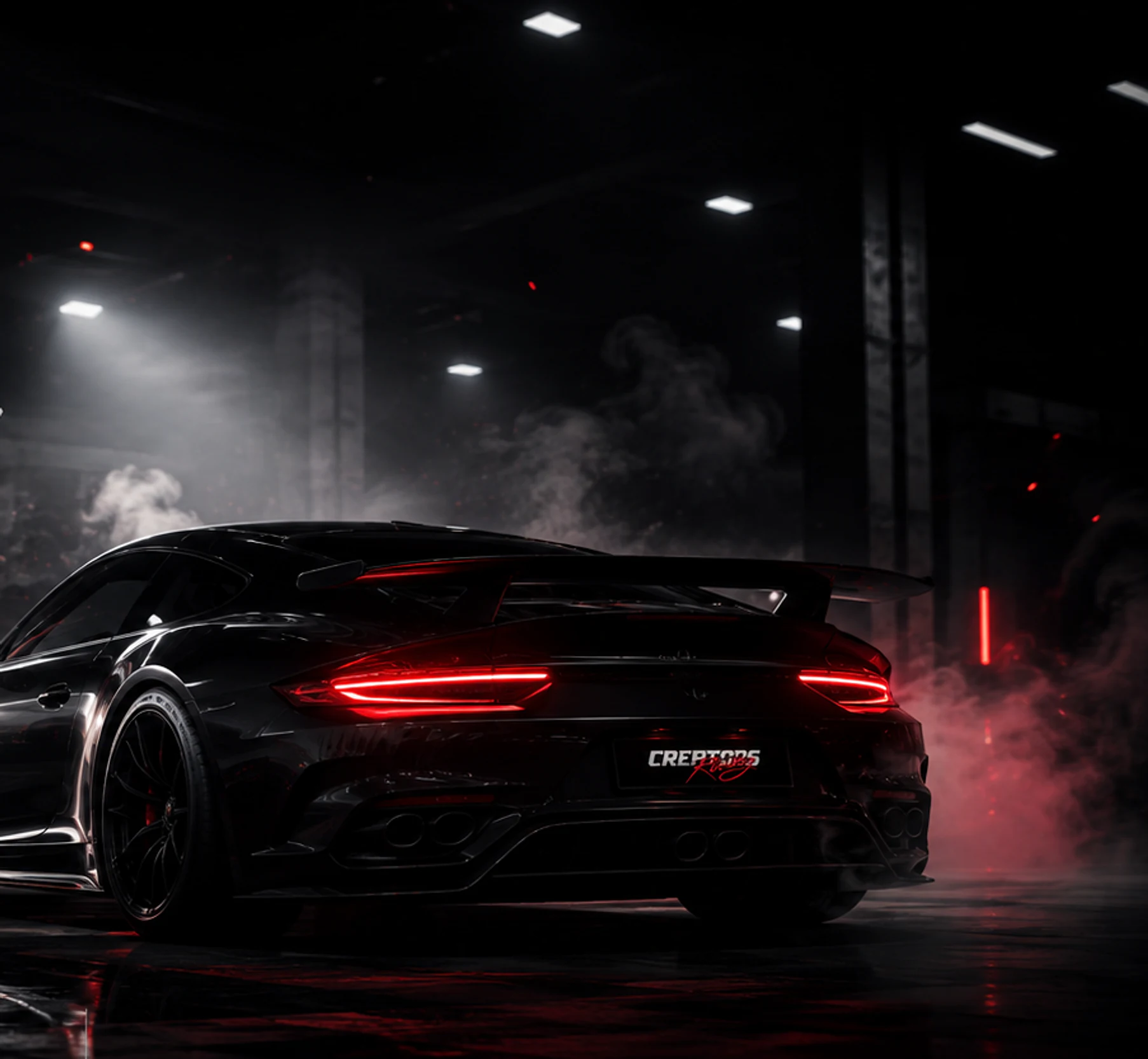 A build under the lights of a late-night workshop, smoke drifting over a wet floor
